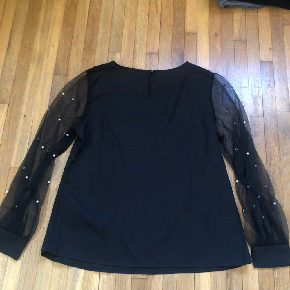 SHEIN Black Blouse with Sheer Embellished Sleeves